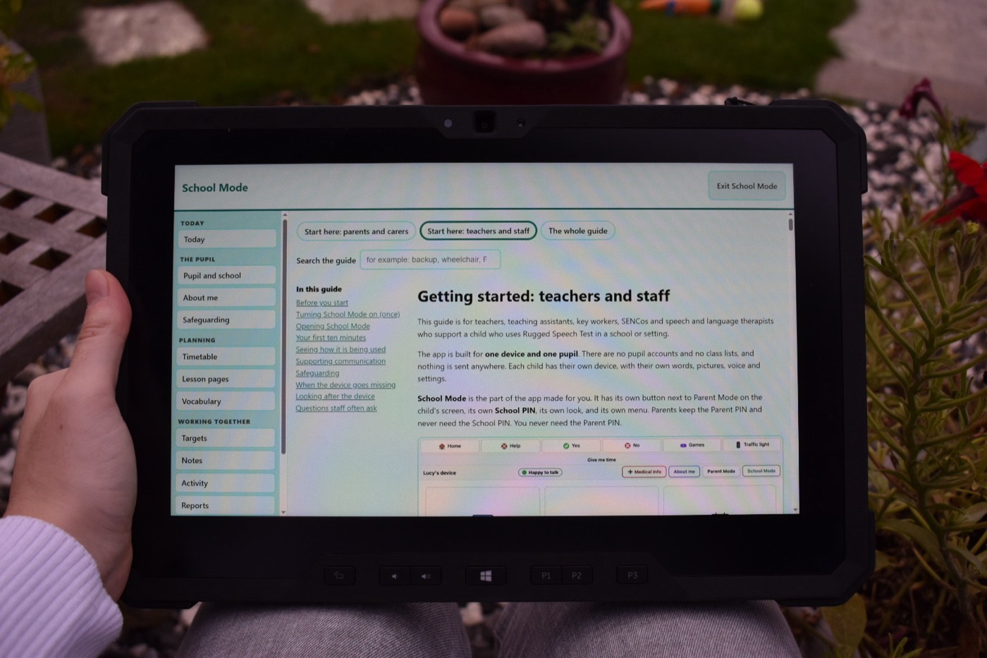 School Mode on the tablet, showing the guide for teachers and the staff menu