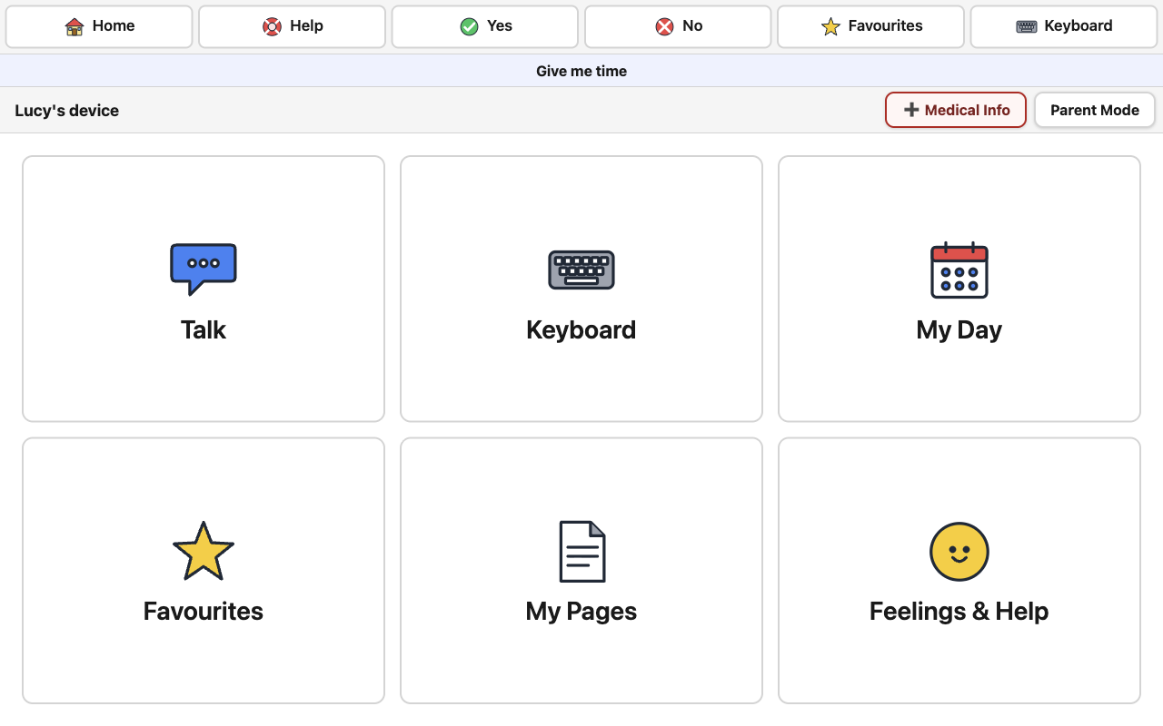 The Home screen, with Talk, Keyboard, My Day, Favourites, My Pages and Feelings and Help