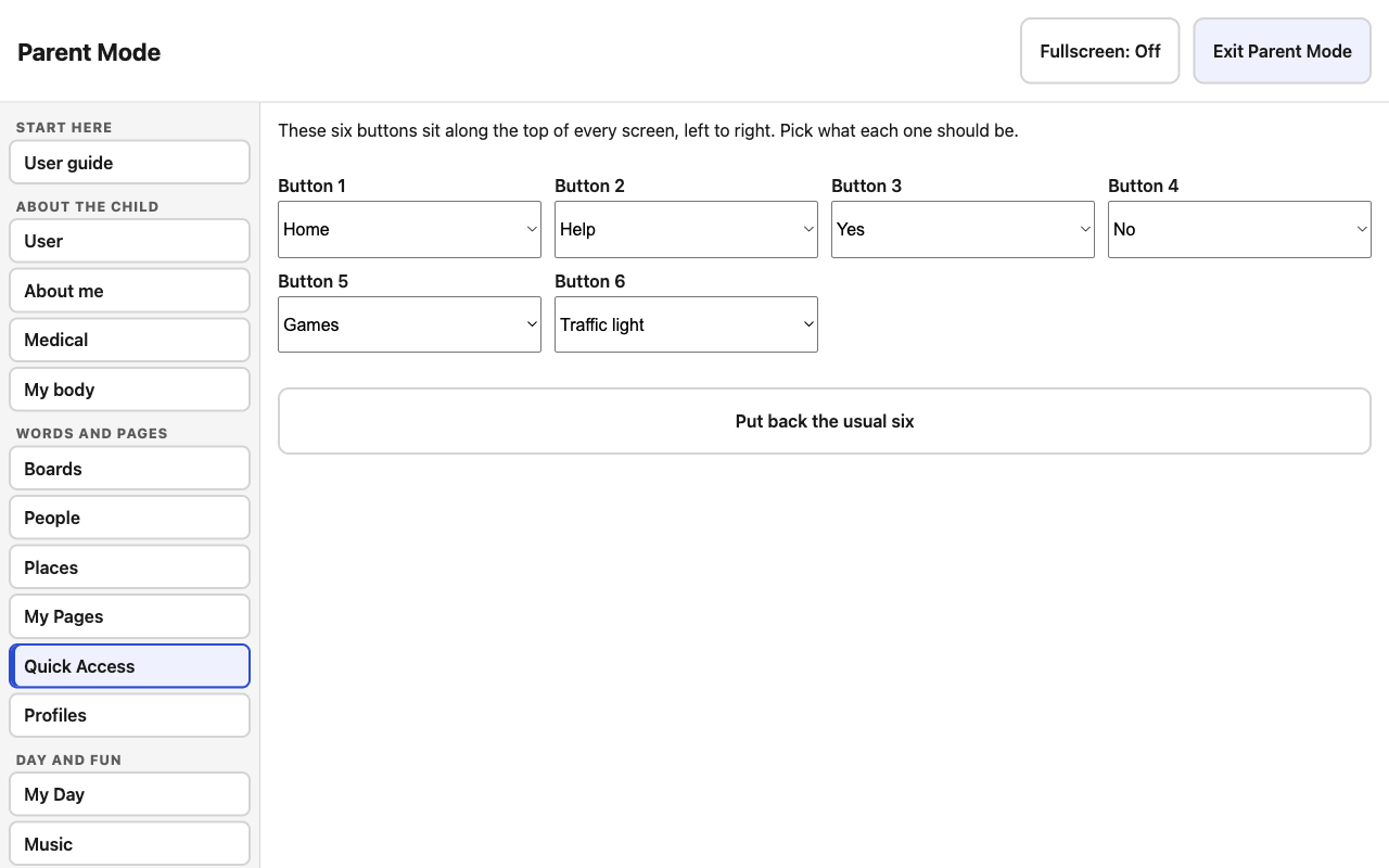 Choosing the Quick Access buttons along the top