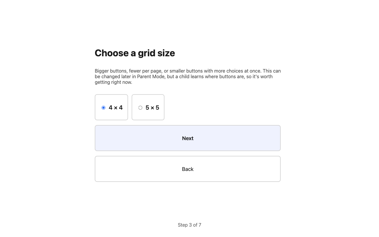 Choosing how big the buttons are during set-up