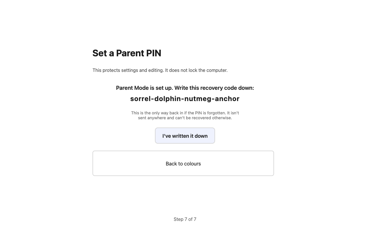 Setting the Parent PIN, then the four-word recovery code