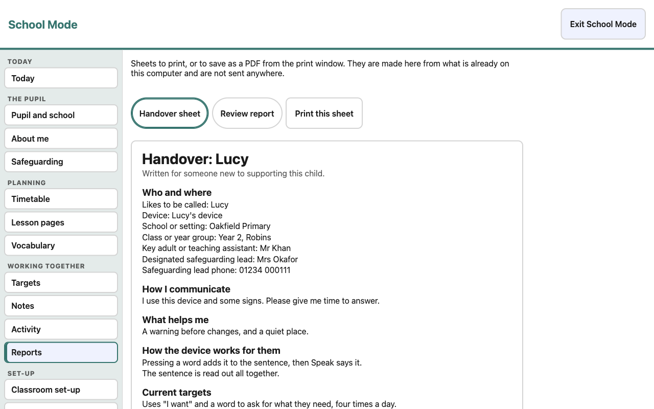 The printable handover sheet